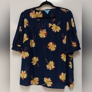 Draper James Blue and Yellow V Neck Blouse  Size 2X